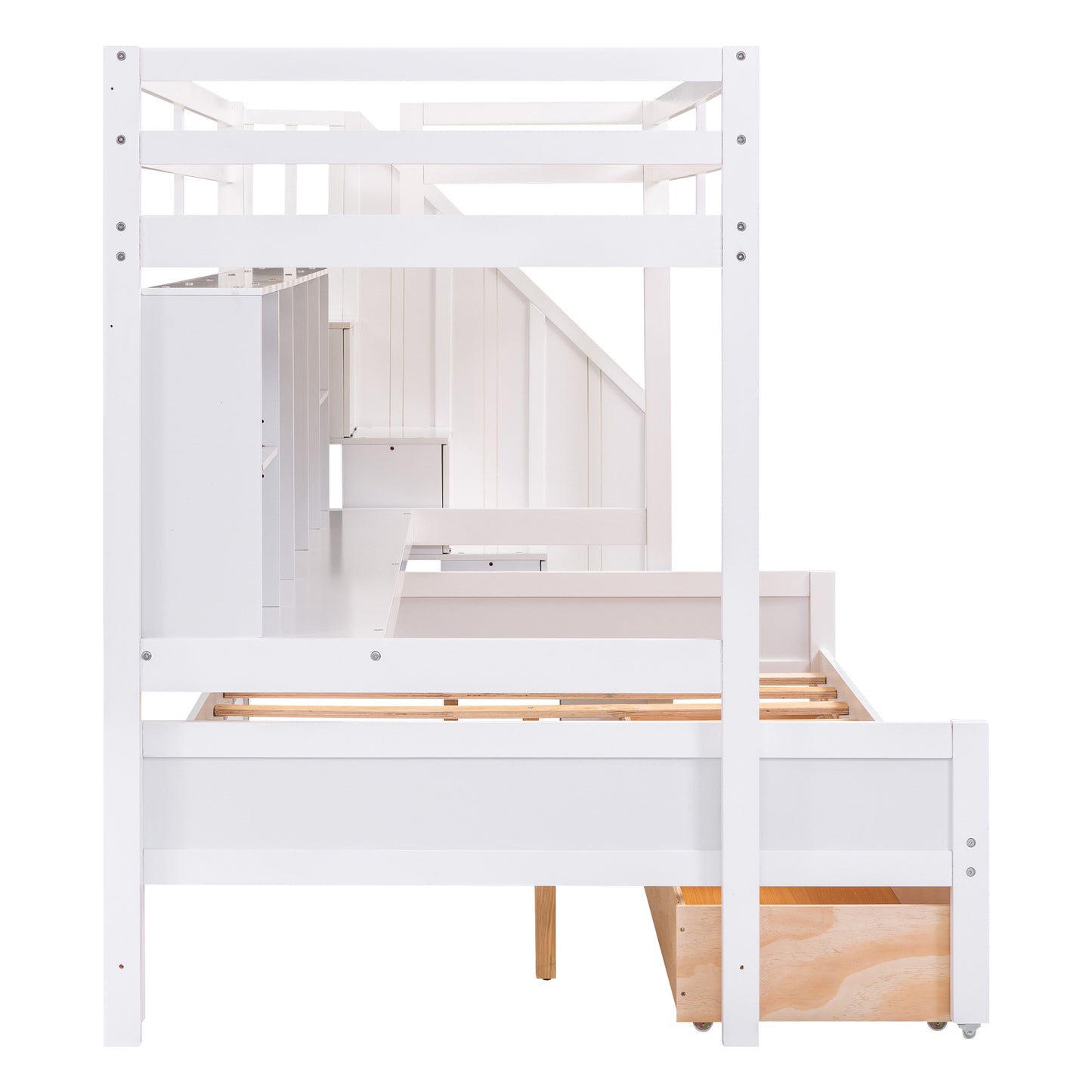 Twin XL over Full Bunk Bed with Built-in Storage Shelves;  Drawers and Staircase