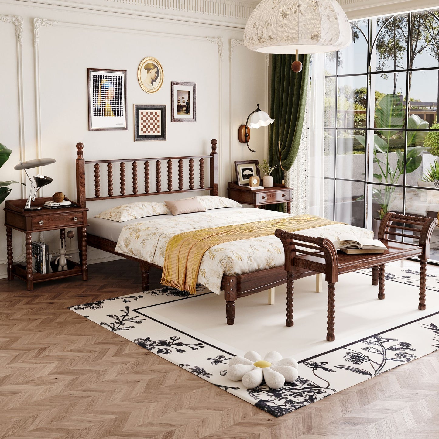 4 Pc. Queen Platform Bedroom Suite with Gourd Shaped Headboard, Storage Nightstand and Bench with Turned Legs in Walnut