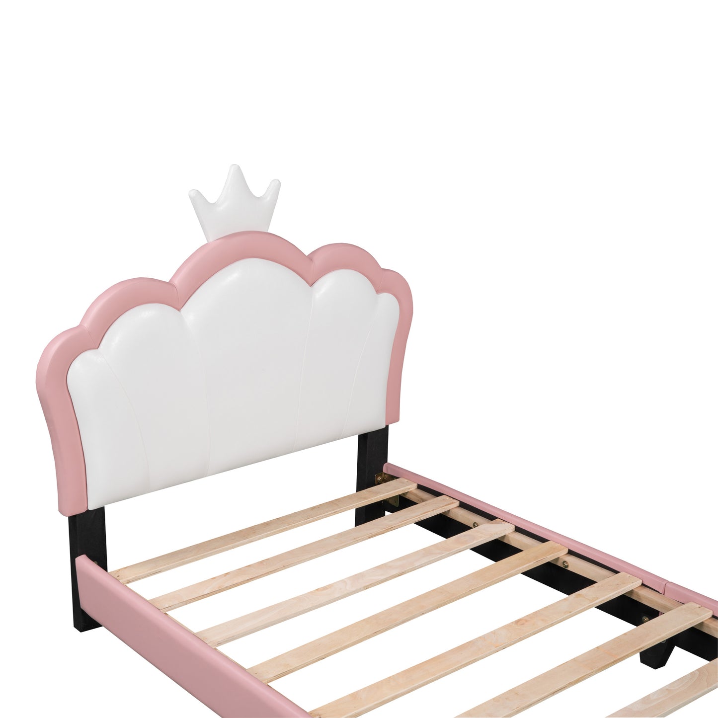 Twin size Upholstered Princess Bed With Crown Headboard,Full Size Platform Bed with Headboard and Footboard,White+Pink