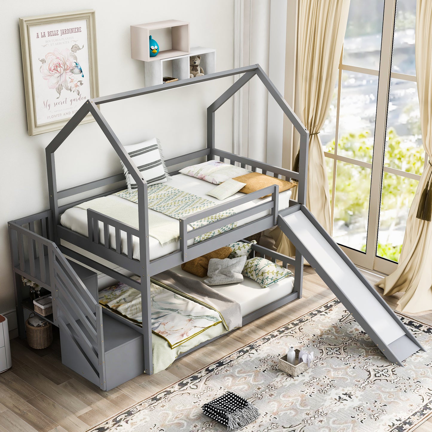 Twin over Twin House Bunk Bed with Convertible Slide; Storage Staircase