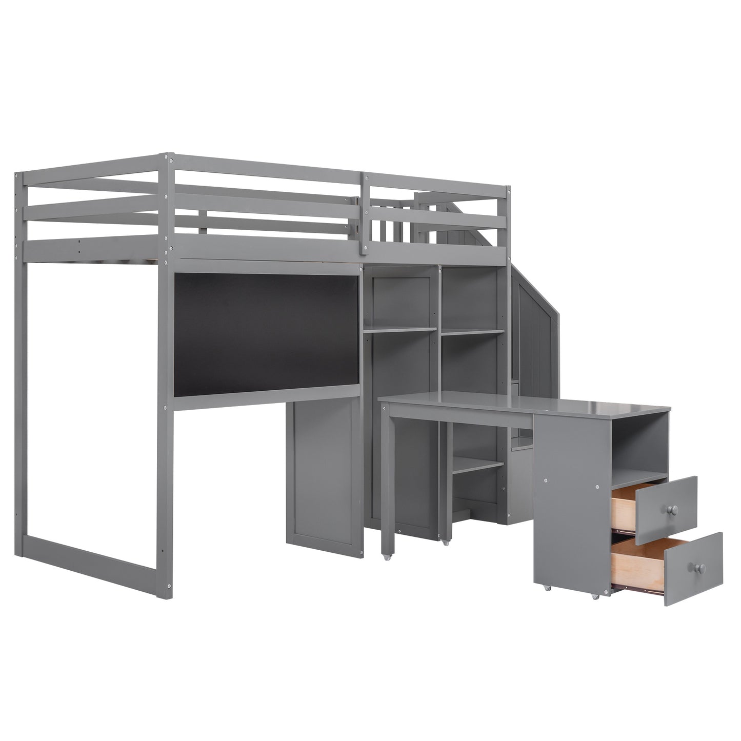 Twin Size Loft Bed with Pullable Desk and Storage Shelves; Staircase and Blackboard