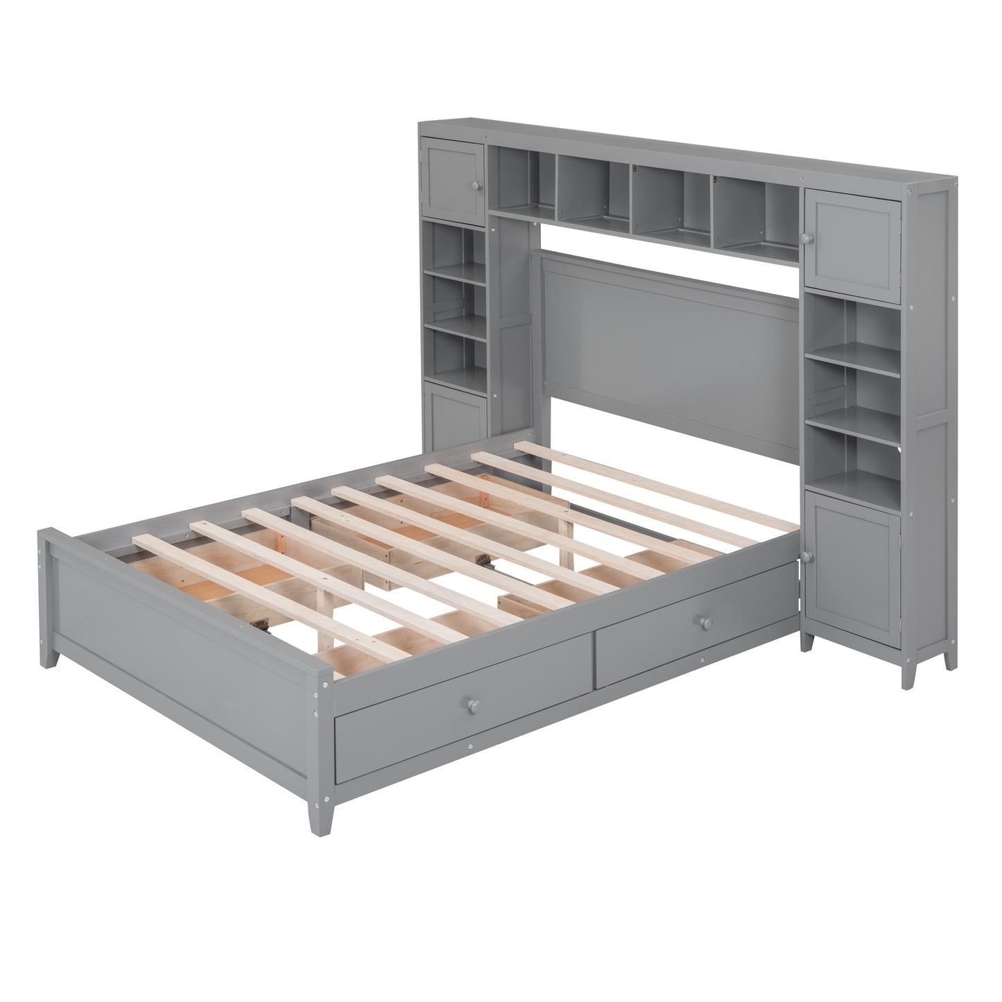 Full Size Wooden Bed With All-in-One Cabinet and Shelf