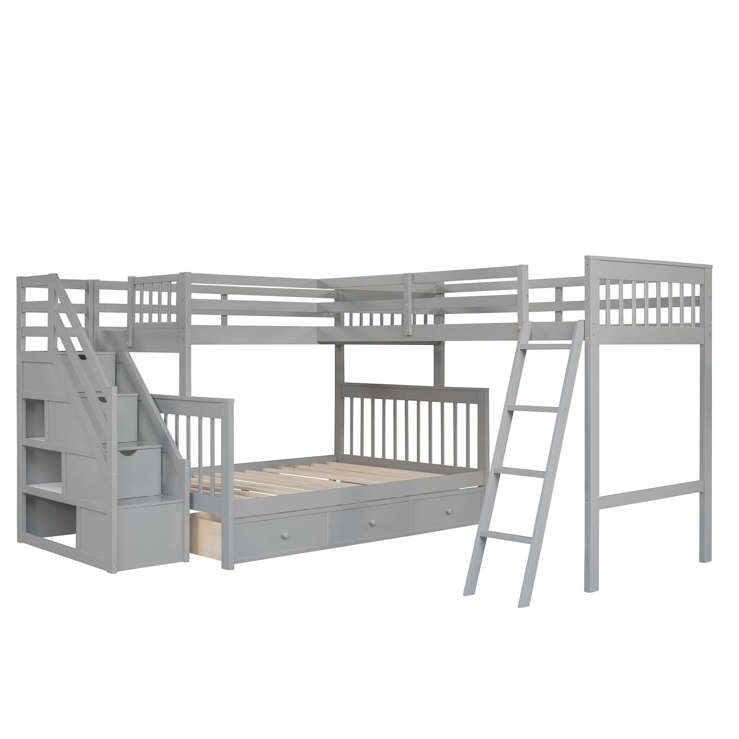 Twin over Full L-Shaped Bunk Bed With 3 Drawers, Ladder and Staircase