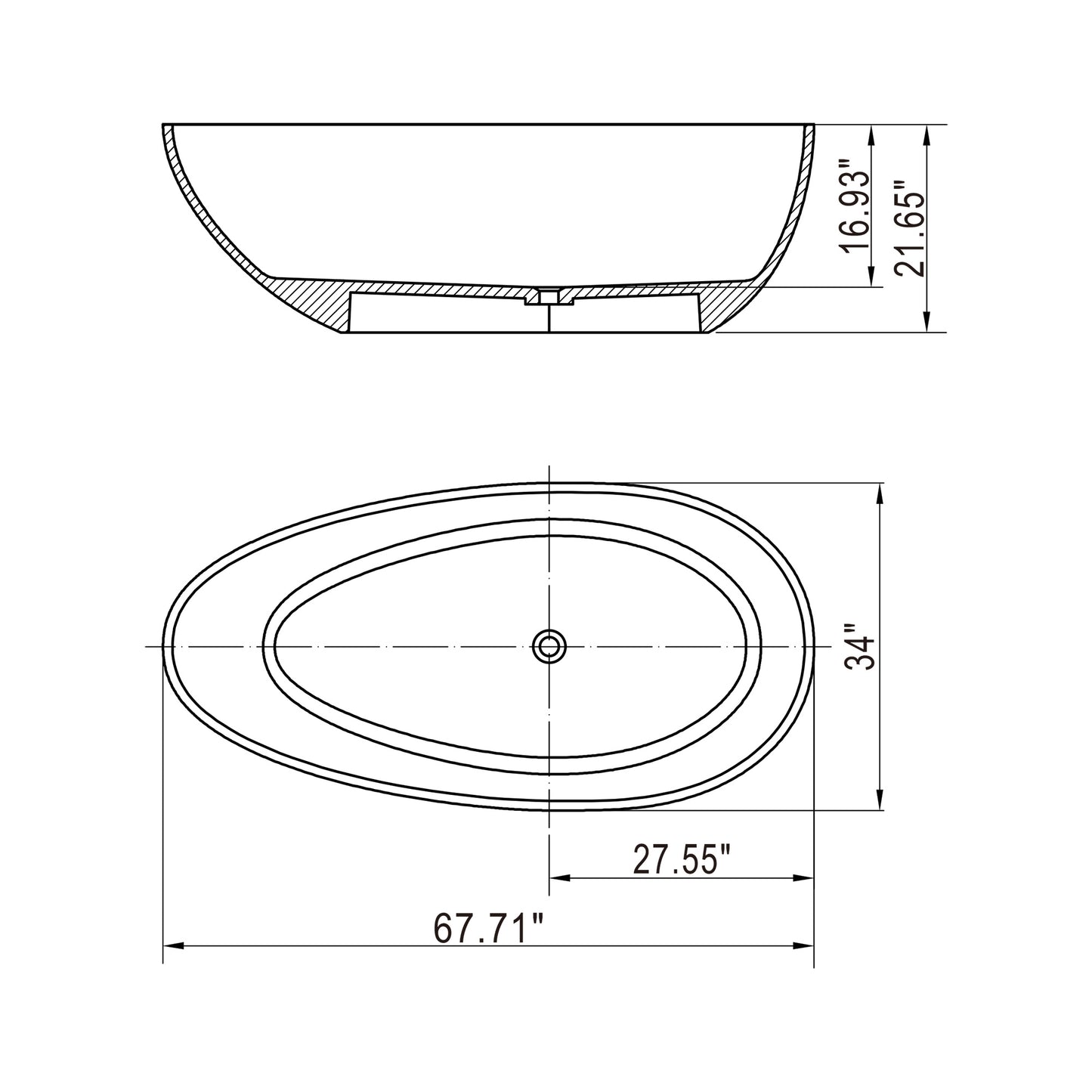 67.8 inch translucent black artificial stone solid surface freestanding bathroom bathtub