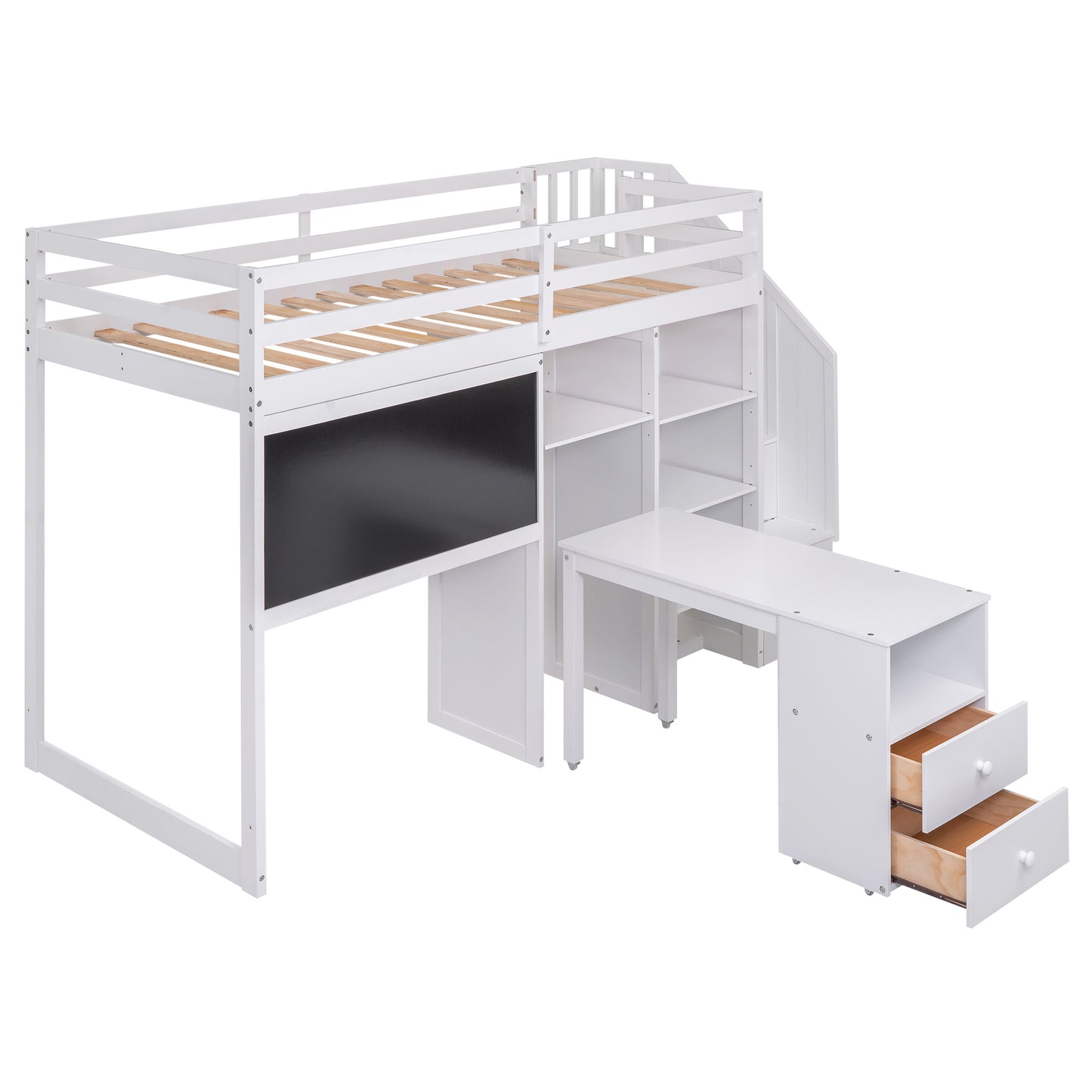 Twin Size Loft Bed with Pullable Desk and Storage Shelves; Staircase and Blackboard