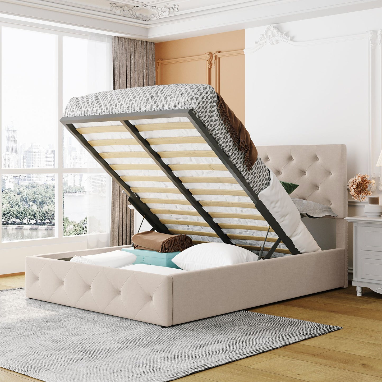 Full size Upholstered Platform Bed with Hydraulic Storage System