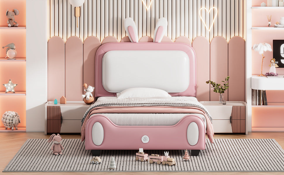 Twin size Upholstered Rabbit-Shape Princess Bed ,Twin Size Platform Bed with Headboard and Footboard