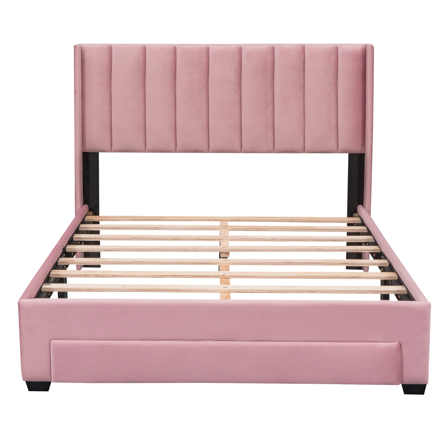 Full Size Storage Bed Velvet Upholstered Platform Bed with a Big Drawer - Pink