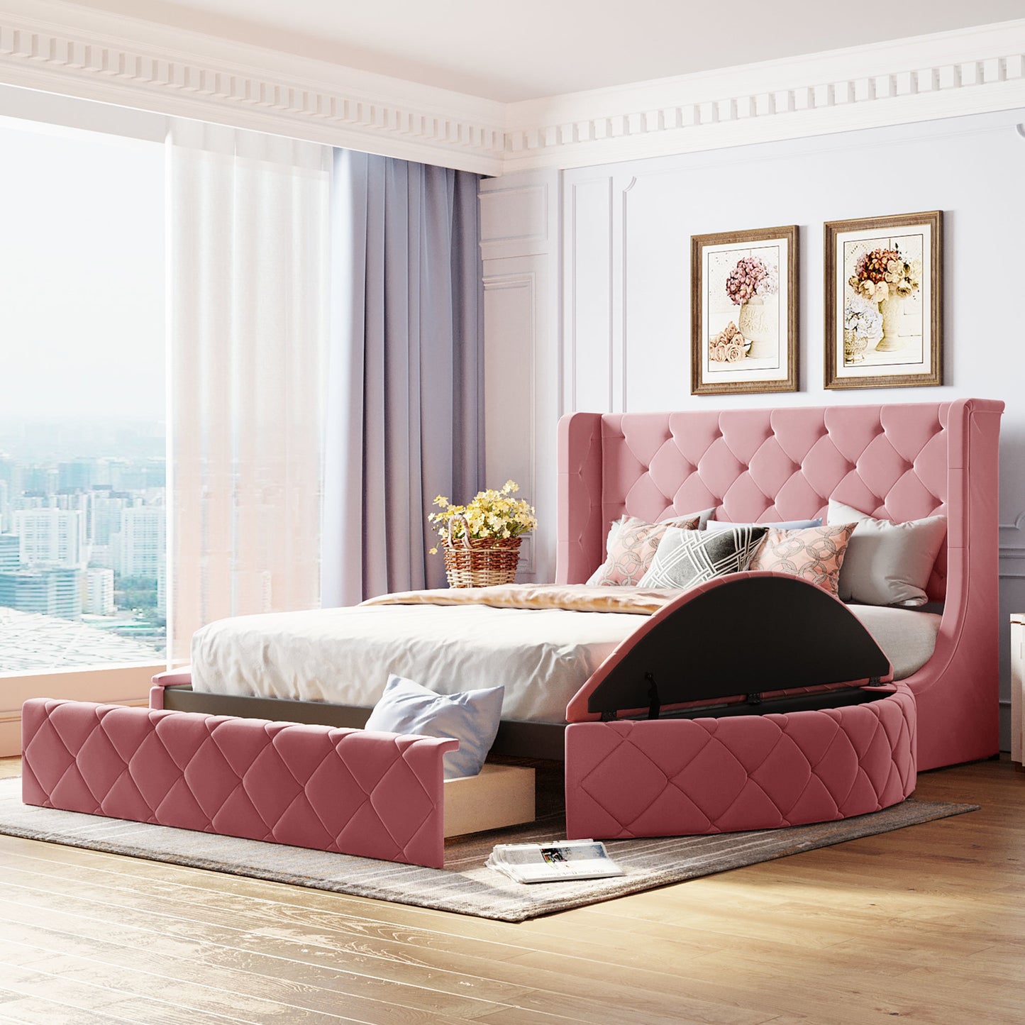 Upholstered Platform Bed Queen Size Storage Velvet Bed with Wingback Headboard and 1 Big Drawer; 2 Side Storage Stool