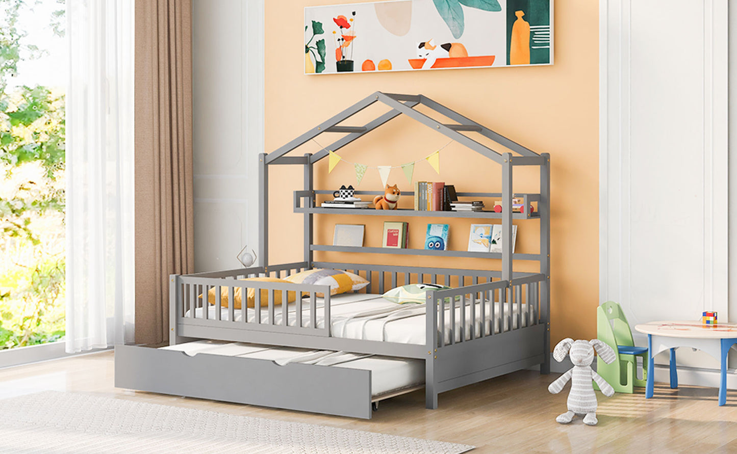 Wooden Full Size House Bed with Twin Size Trundle,Kids Bed with Shelf