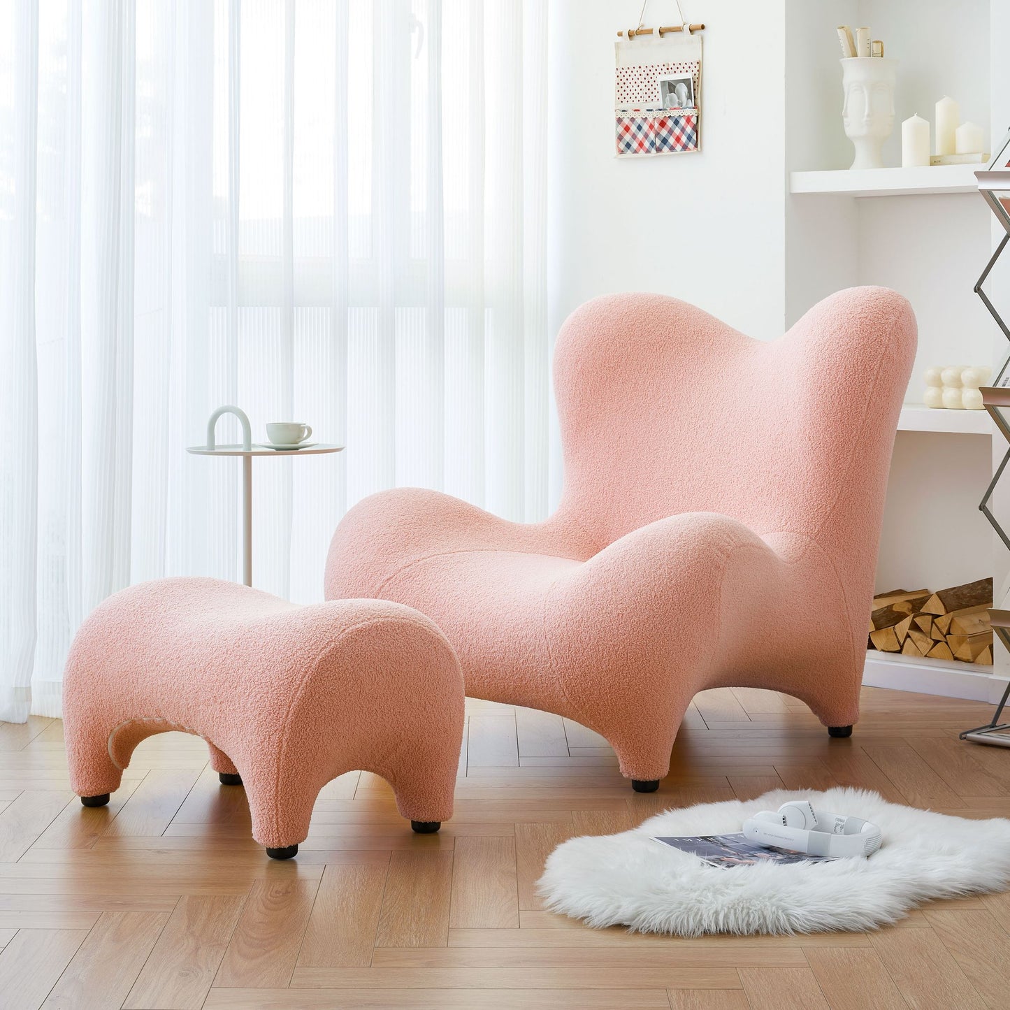 Whimsy High Back Sherpa Armchair with Footstool in Pink