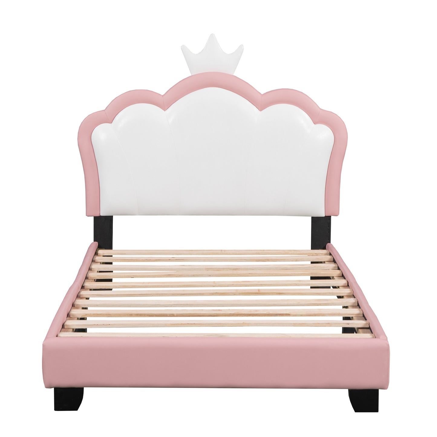 Twin size Upholstered Princess Bed With Crown Headboard,Full Size Platform Bed with Headboard and Footboard,White+Pink