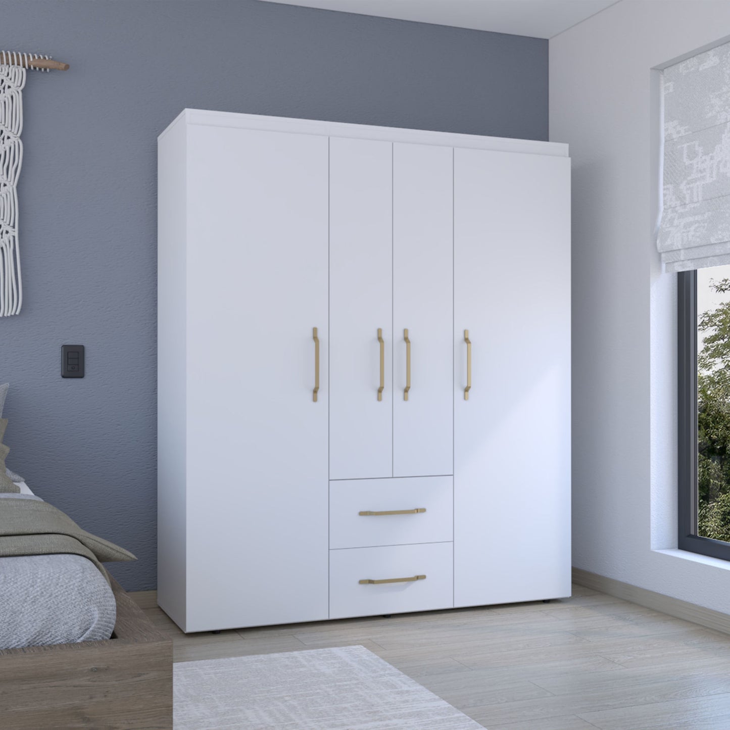 Bariloche Wardrobe with Hanging Rods, Shelves, and 2 Drawers in White