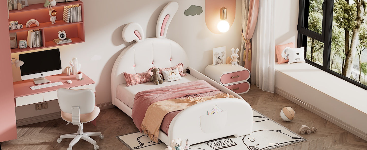 Twin size Upholstered Rabbit-Shape Princess Bed ,Twin Size Platform Bed with Headboard and Footboard,White