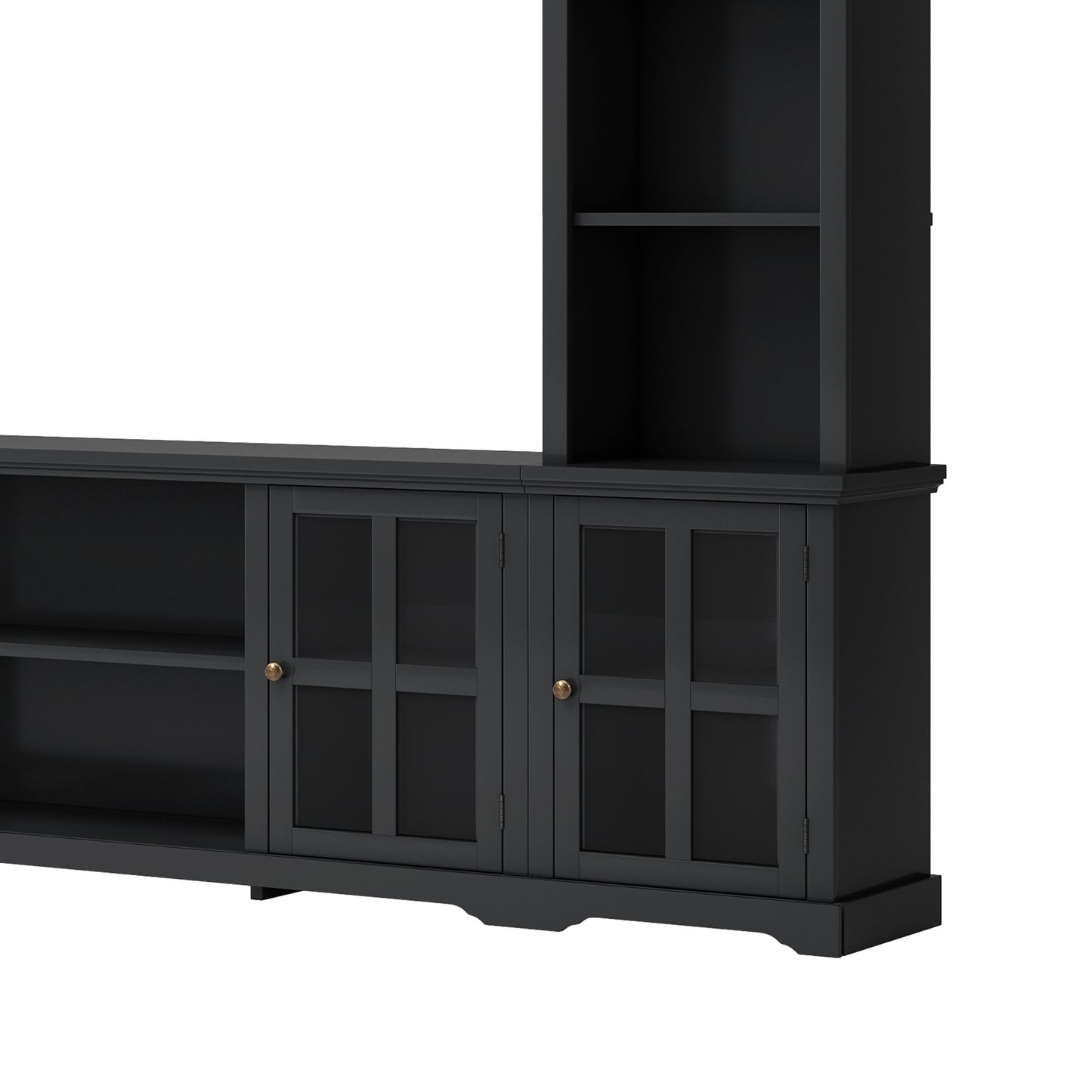 [VIDEO provided] ON-TREND Minimalism Entertainment Wall Unit with Bridge, Modern TV Console Table for TVs Up to 70", Multifunctional TV Stand with Tempered Glass Door, Black (Old SKU: SD000009AAB)