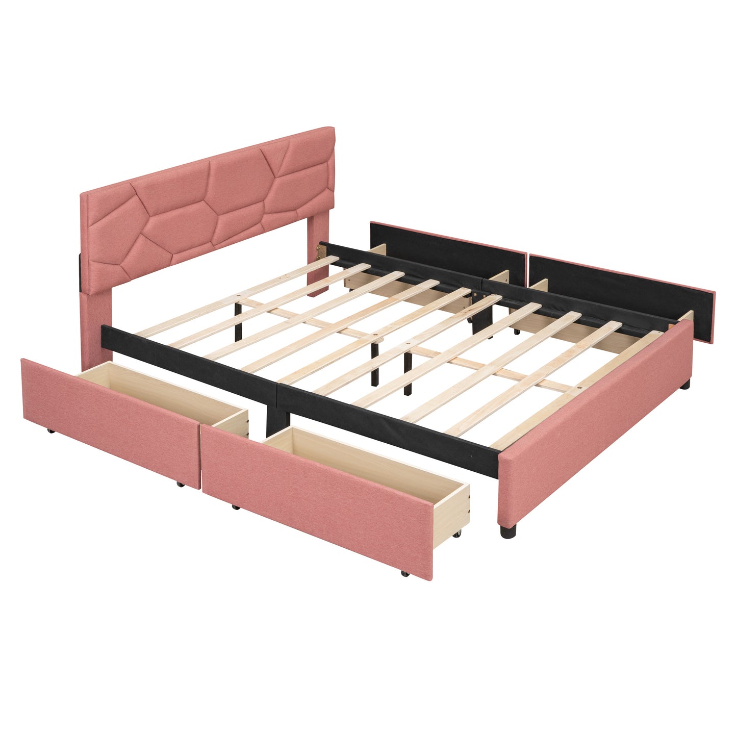 Queen Size Upholstered Platform Bed with Brick Pattern Headboard and 4 Drawers, Linen Fabric, Pink