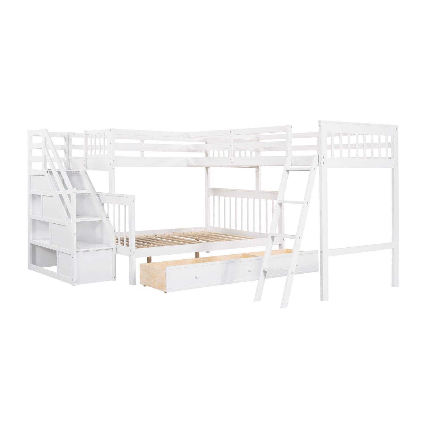 Twin over Full L-Shaped Bunk Bed With 3 Drawers, Ladder and Staircase