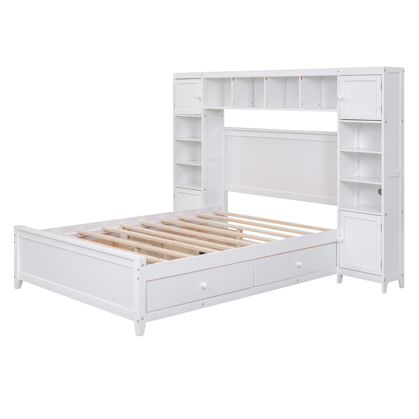 Full Size Wooden Bed With All-in-One Cabinet and Shelf