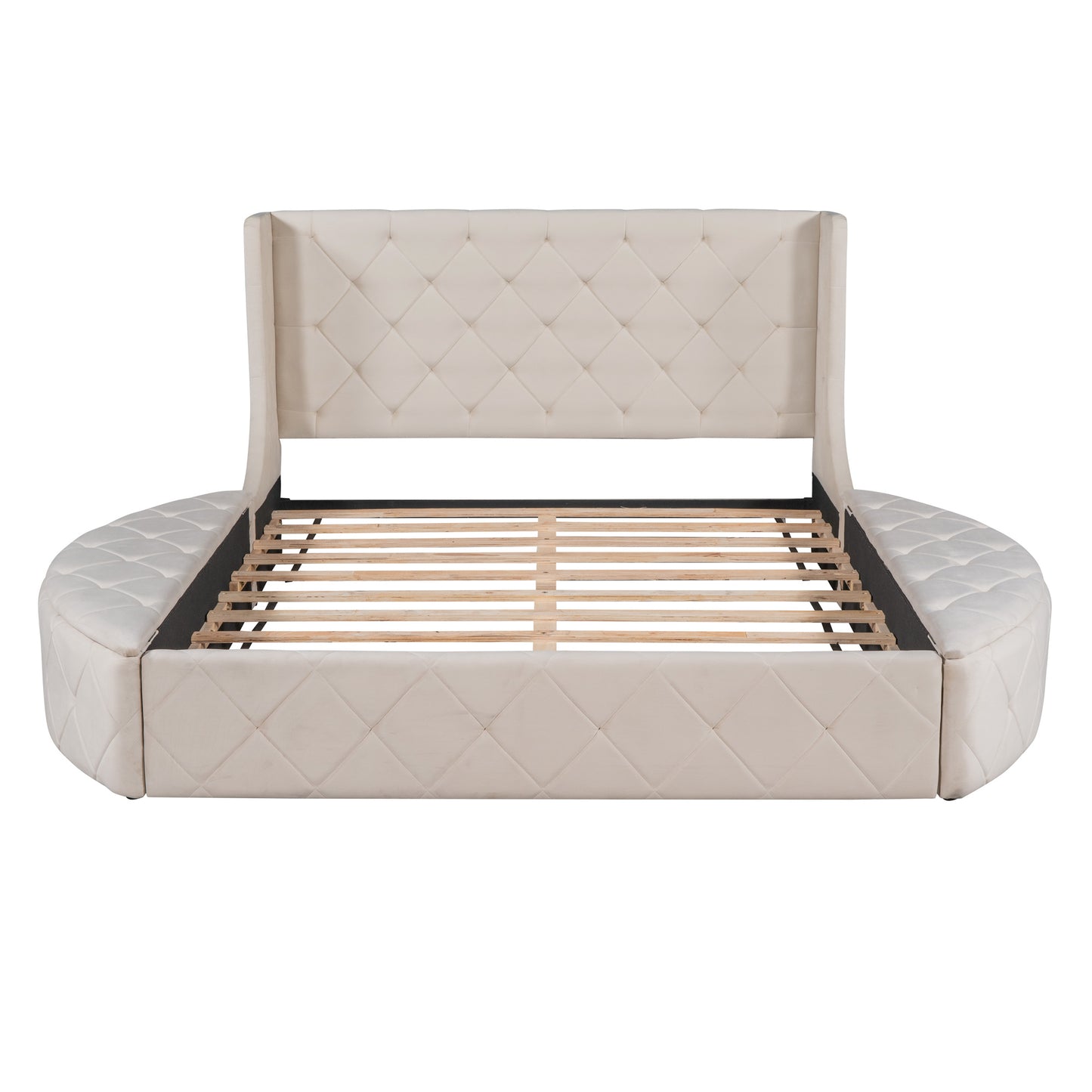 Upholstered Platform Bed Queen Size Storage Velvet Bed with Wingback Headboard and 1 Big Drawer; 2 Side Storage Stool