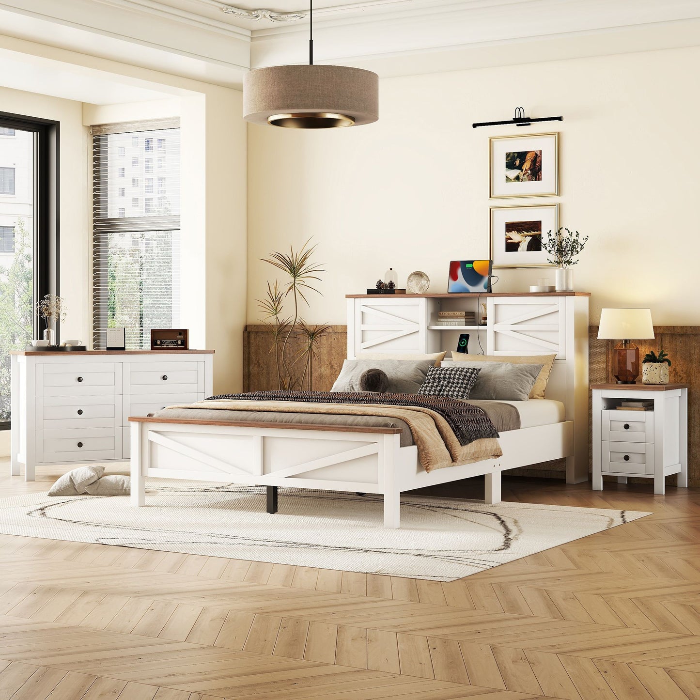 Frazier 3 Pc. Queen Platform Bedroom Suite in White & Brown