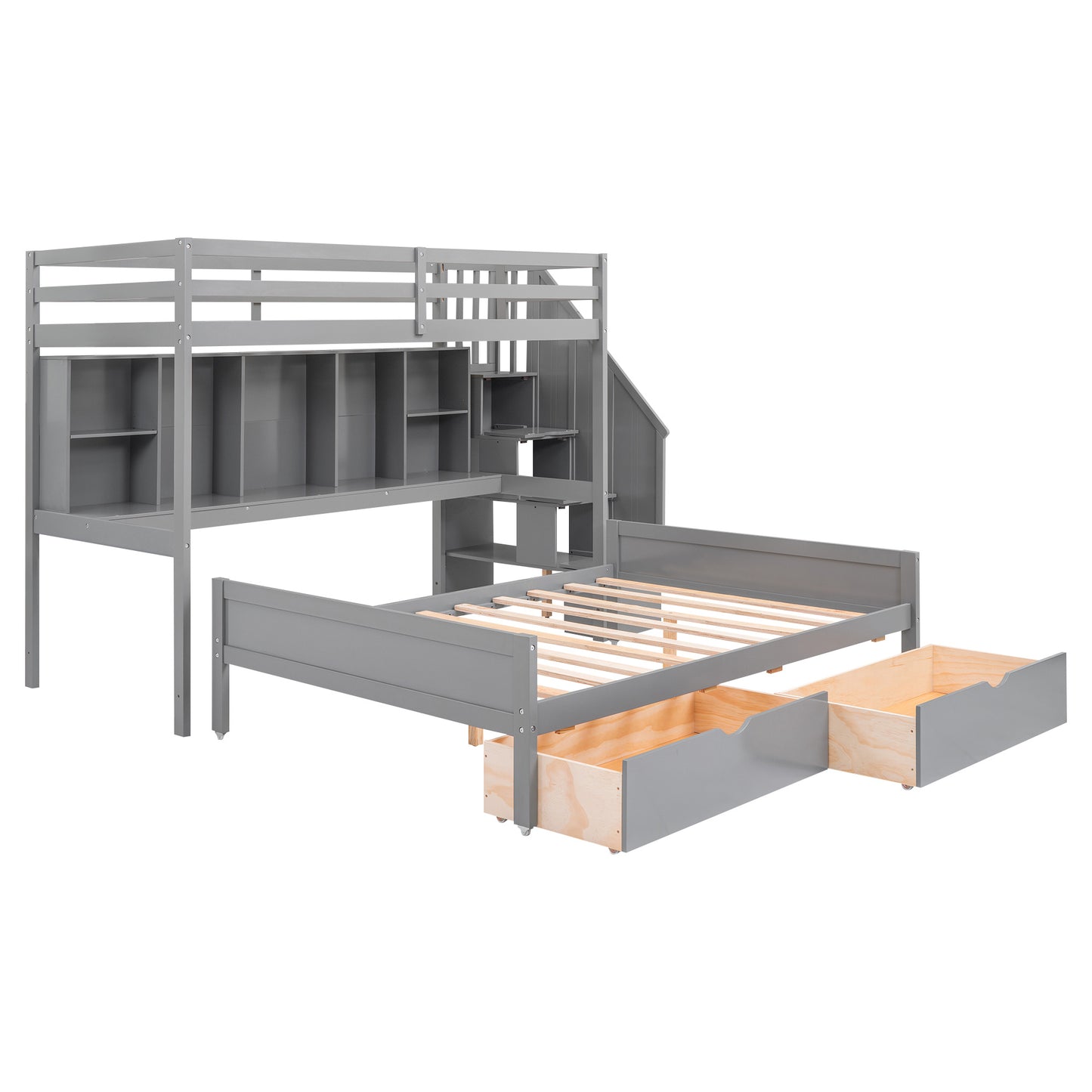 Twin XL over Full Bunk Bed with Built-in Storage Shelves;  Drawers and Staircase