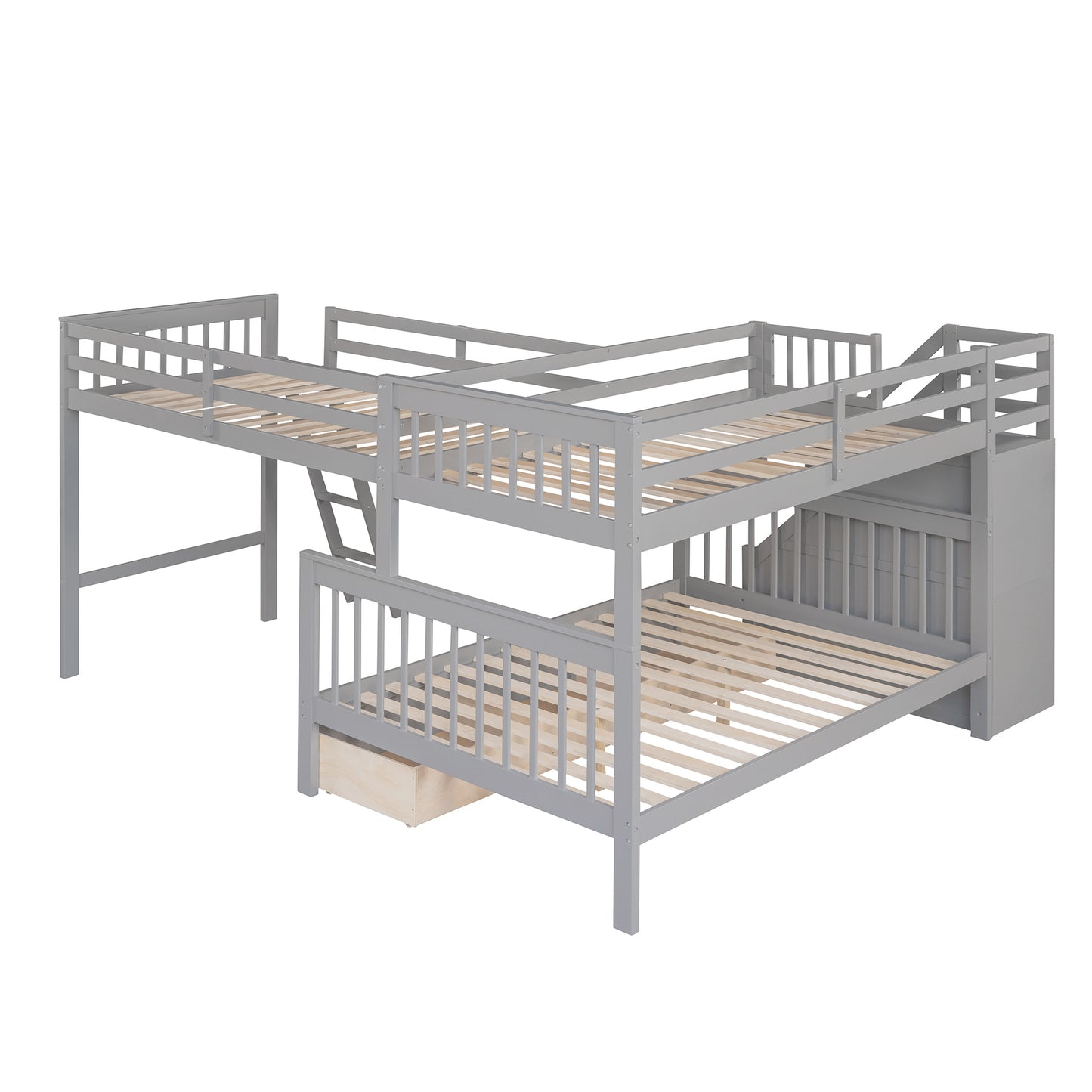 Twin over Full L-Shaped Bunk Bed With 3 Drawers, Ladder and Staircase