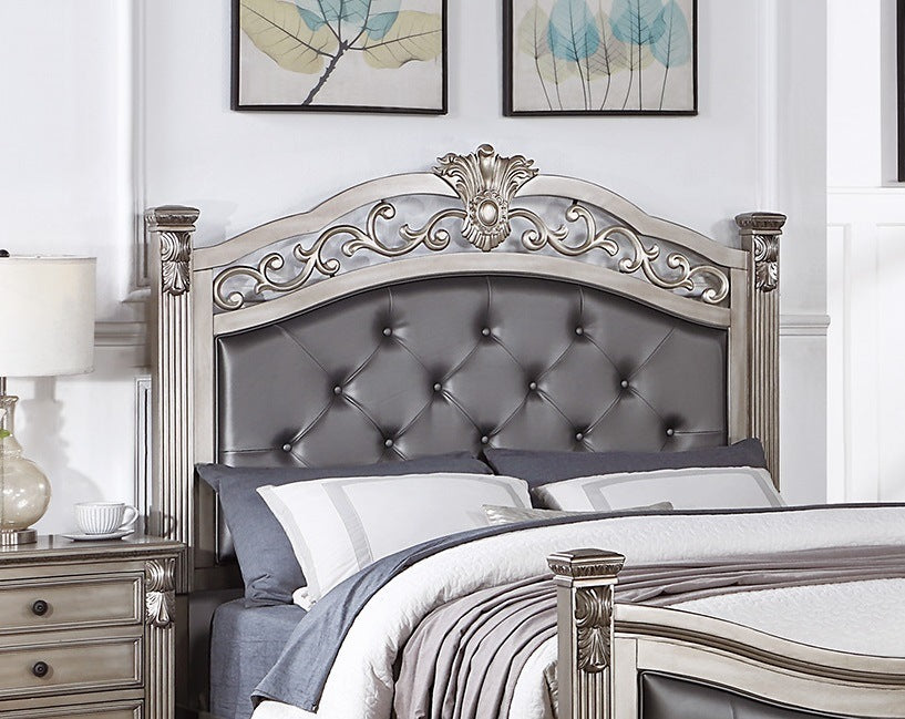 Formal Traditional Antique Silver 1pc California King Size Bed Tufted Faux Leather Headboard Footboard Bedframe