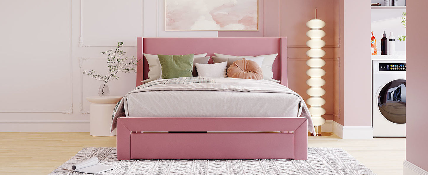 Queen Size Storage Bed Velvet Upholstered Platform Bed with a Big Drawer - Pink