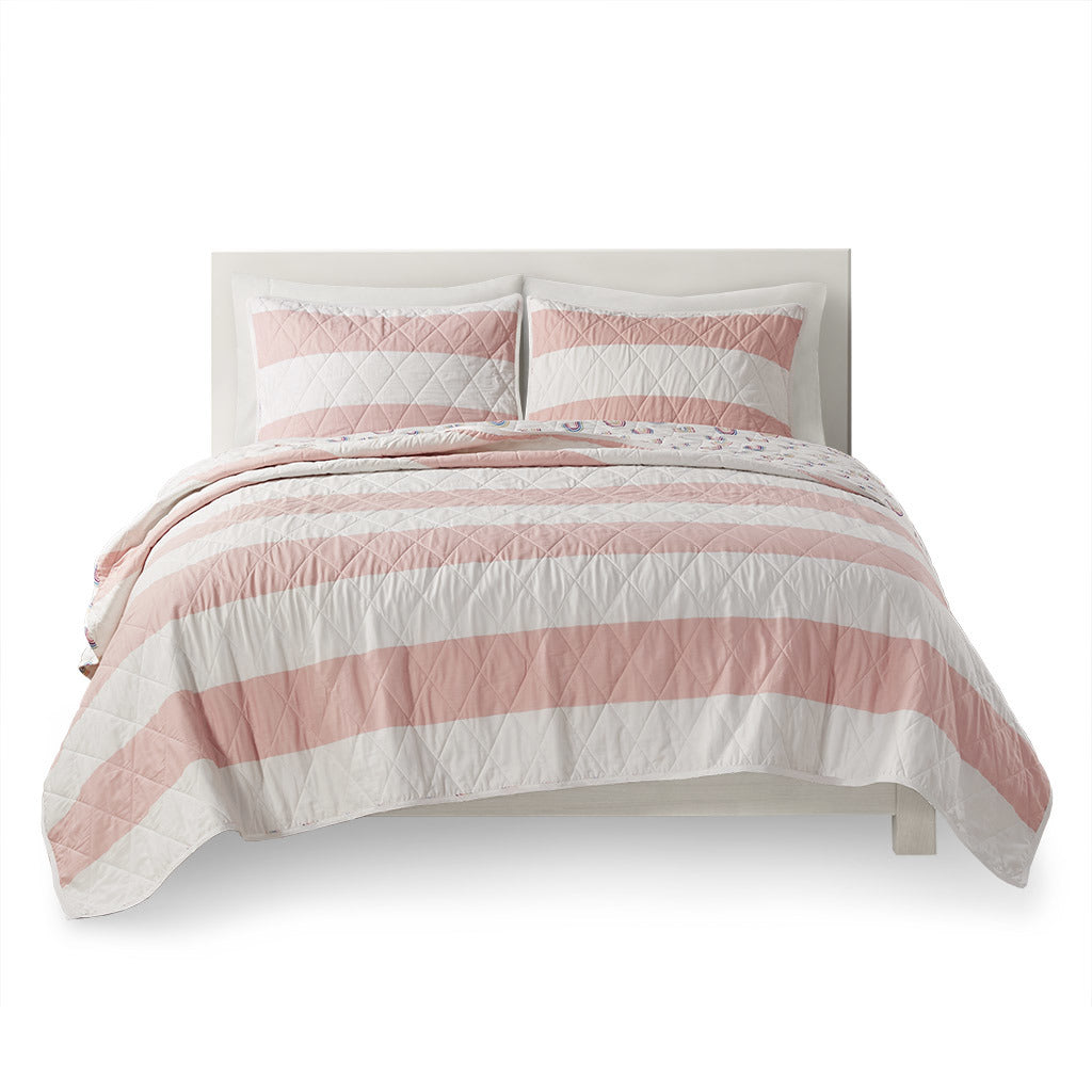 Cotton Cabana Stripe Reversible Quilt Set with Rainbow Reverse