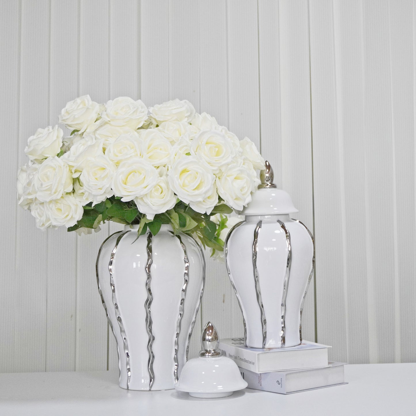 White Ginger Jar with Silver Ornament