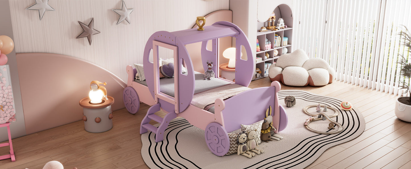 Twin size Princess Carriage Bed with Crown,Wood Platform Car Bed with Stair,Purple+Pink