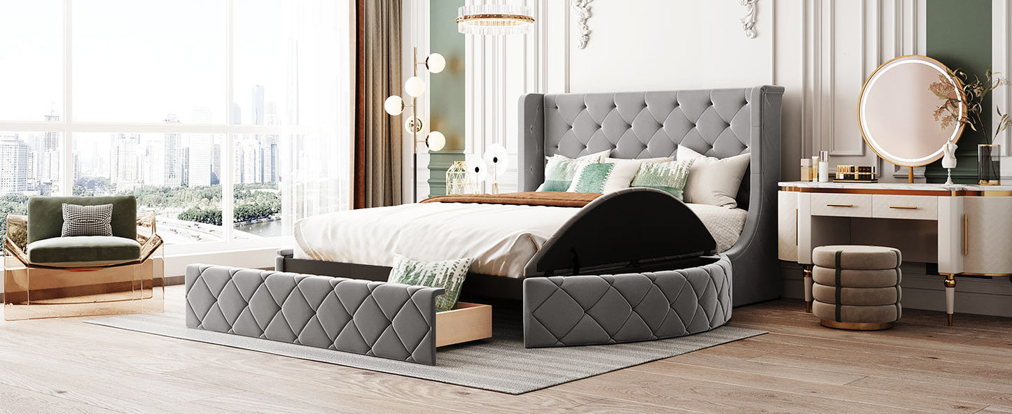 Upholstered Platform Bed Queen Size Storage Velvet Bed with Wingback Headboard and 1 Big Drawer; 2 Side Storage Stool