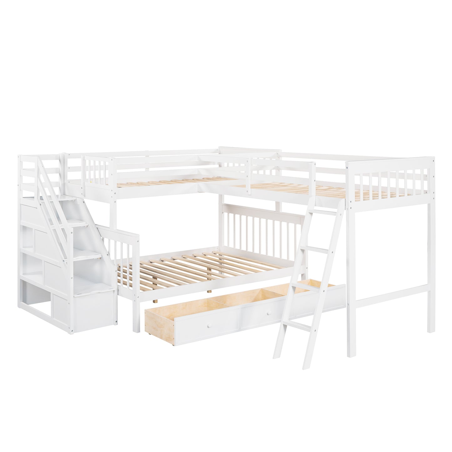 Twin over Full L-Shaped Bunk Bed With 3 Drawers, Ladder and Staircase