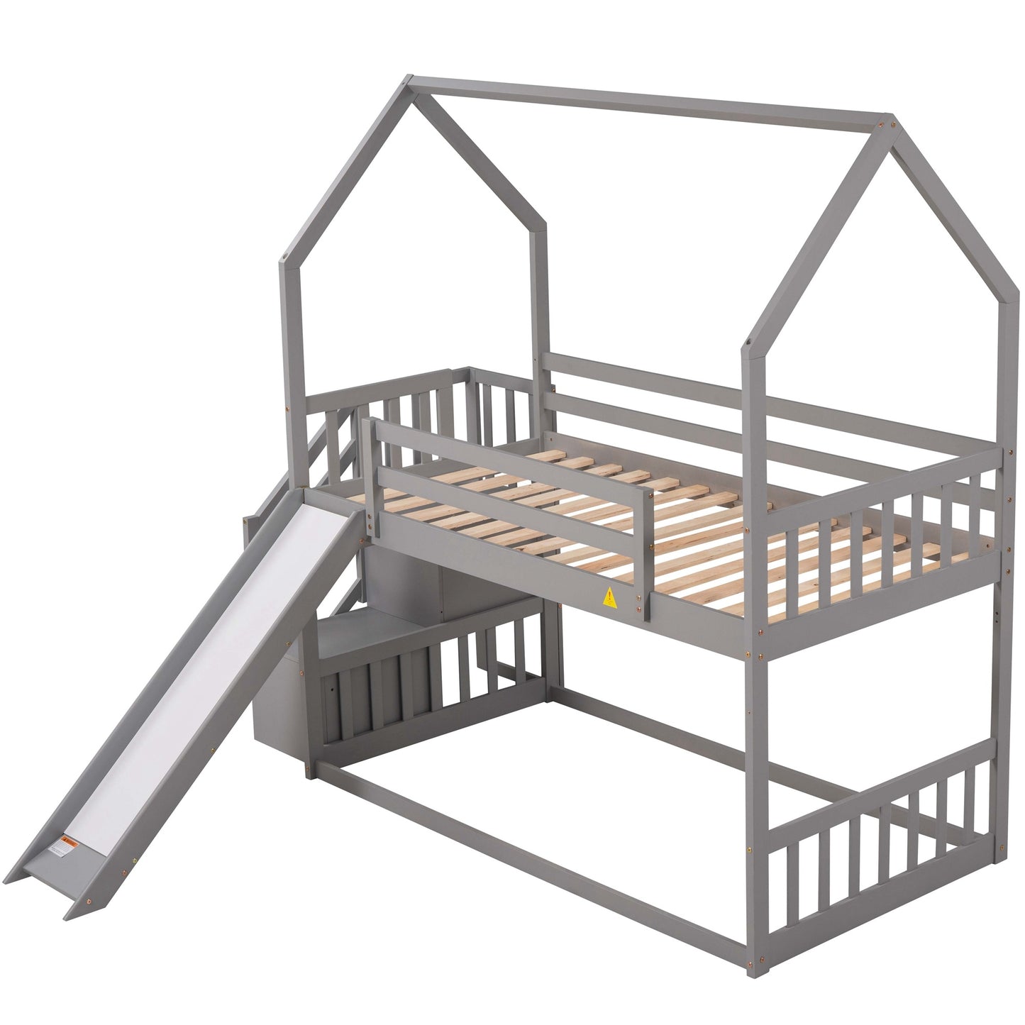 Twin over Twin House Bunk Bed with Convertible Slide; Storage Staircase