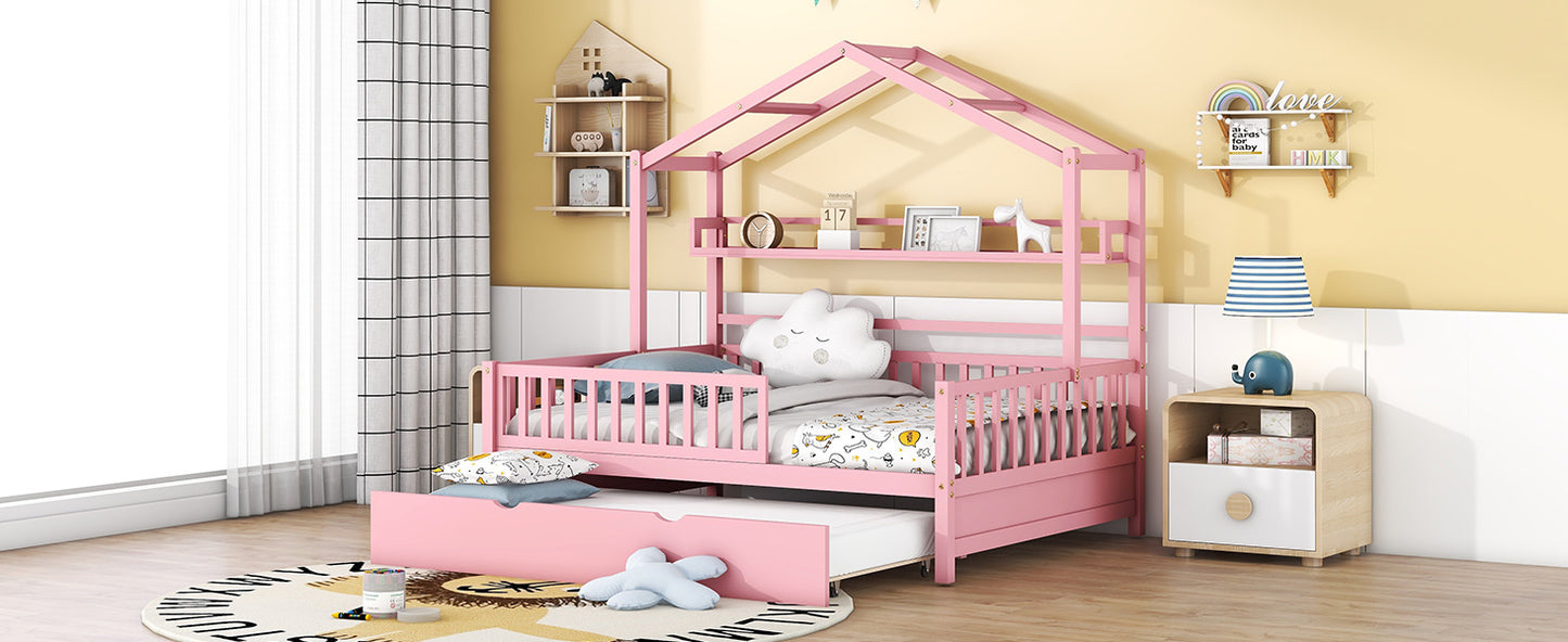 Wooden Full Size House Bed with Twin Size Trundle,Kids Bed with Shelf