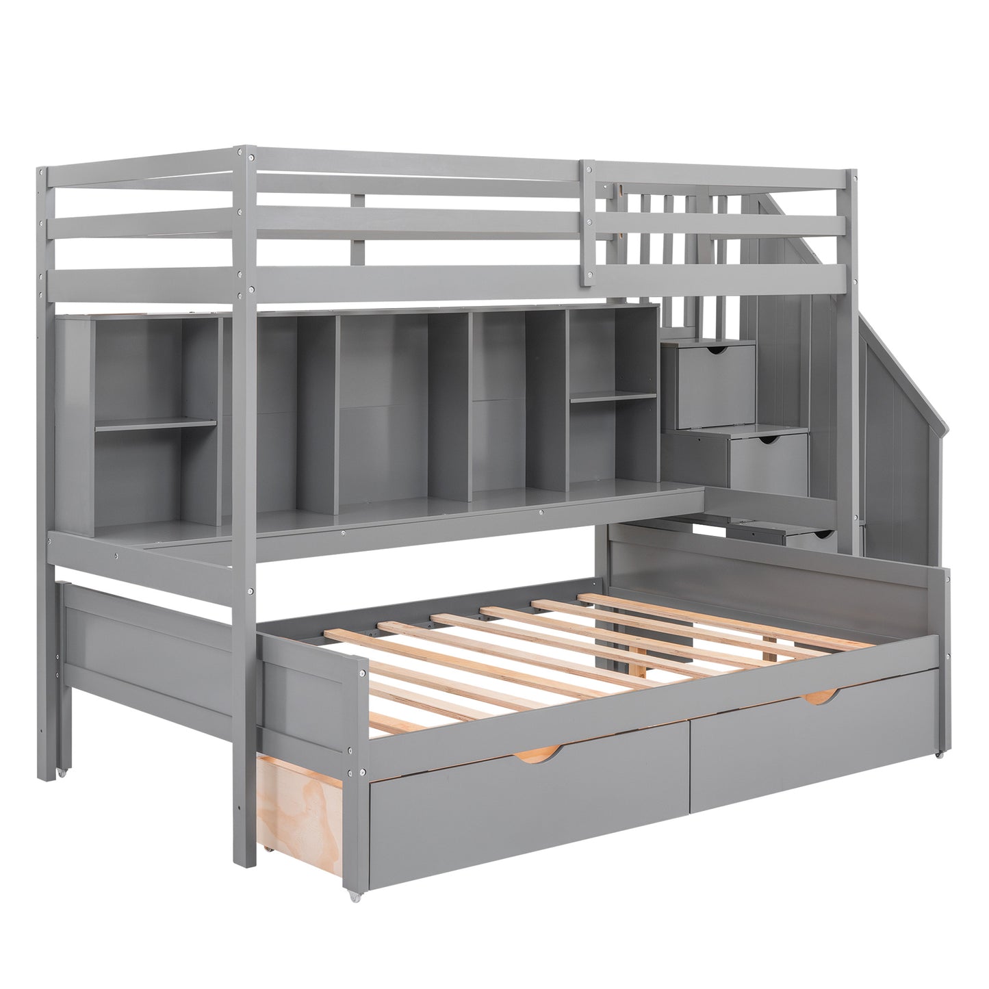 Twin XL over Full Bunk Bed with Built-in Storage Shelves;  Drawers and Staircase