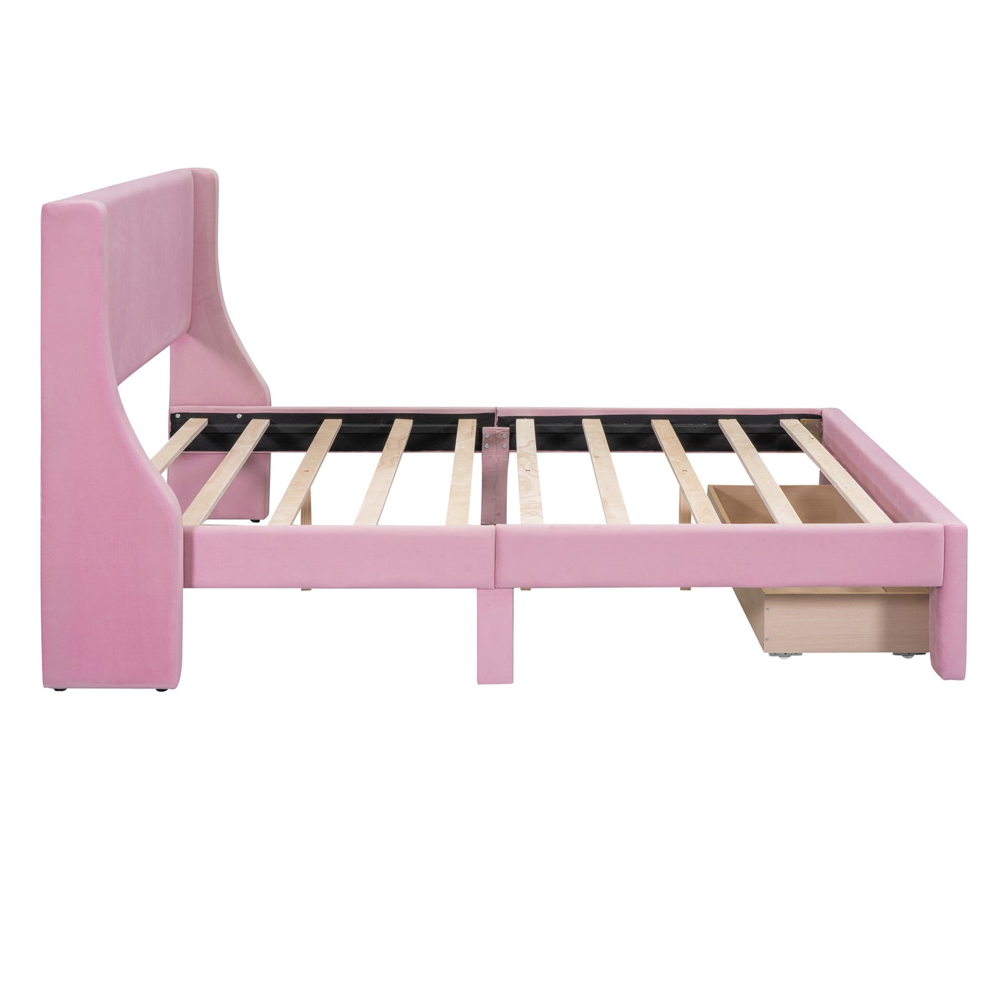 Queen Size Storage Bed Velvet Upholstered Platform Bed with a Big Drawer - Pink