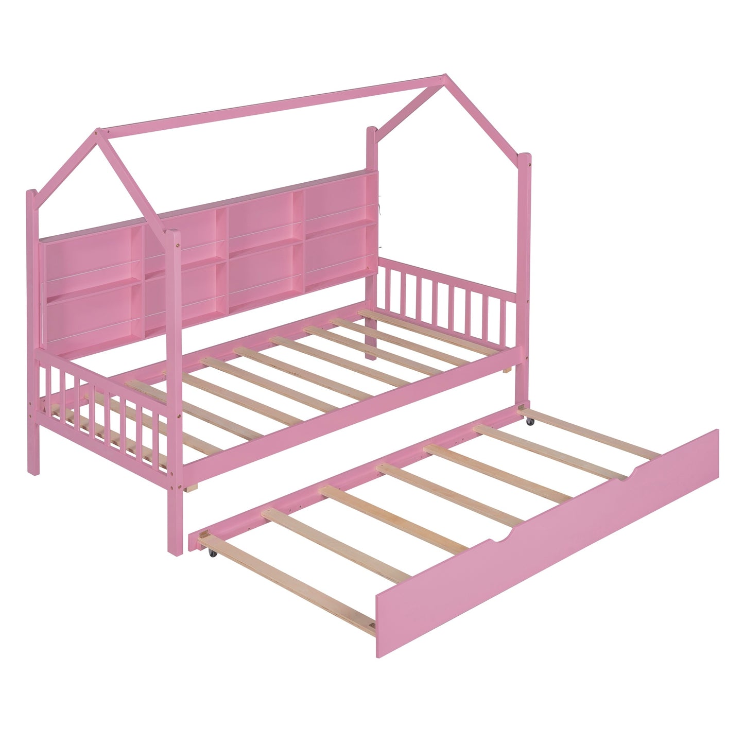 Wooden Twin Size House Bed with Trundle,Kids Bed with Shelf