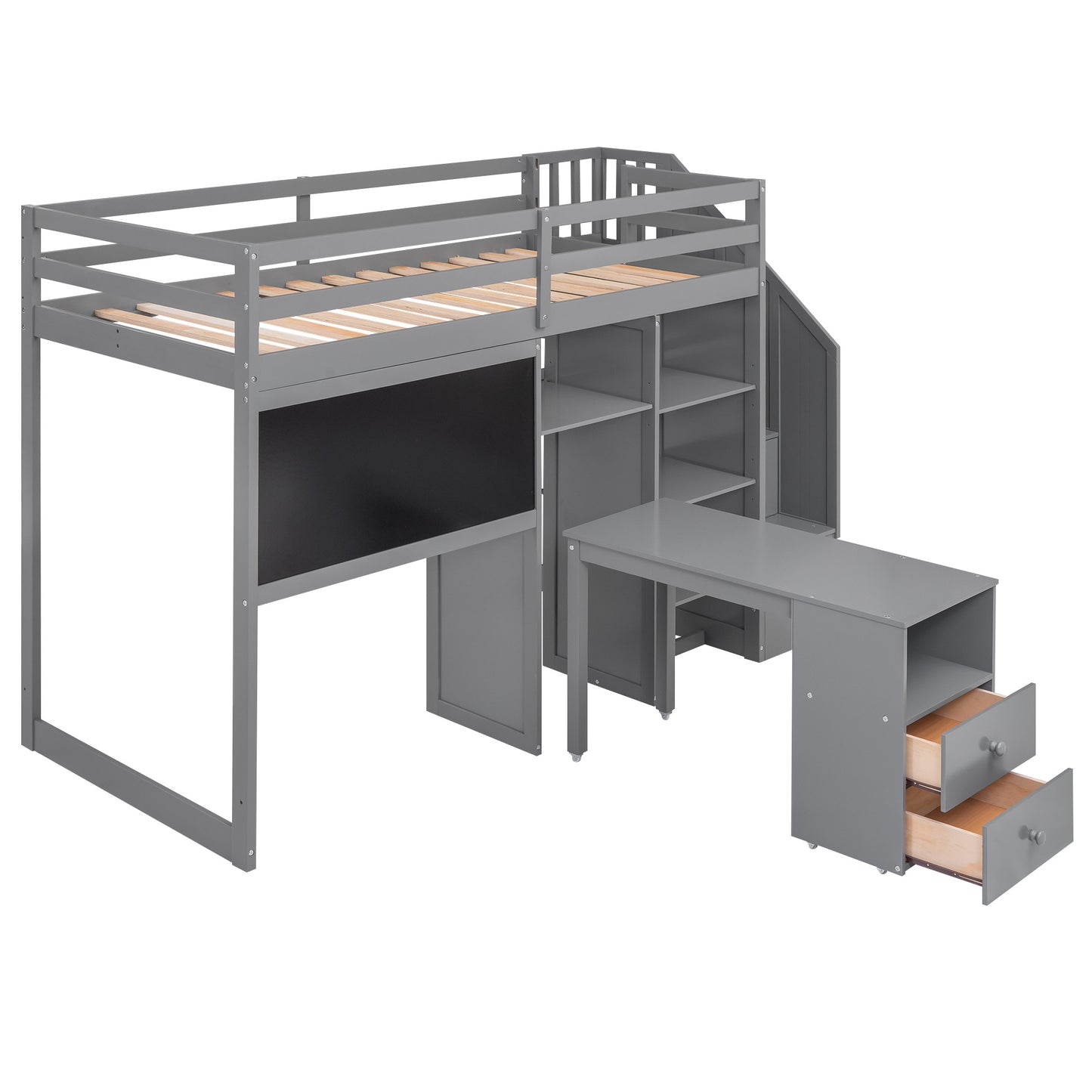 Twin Size Loft Bed with Pullable Desk and Storage Shelves; Staircase and Blackboard