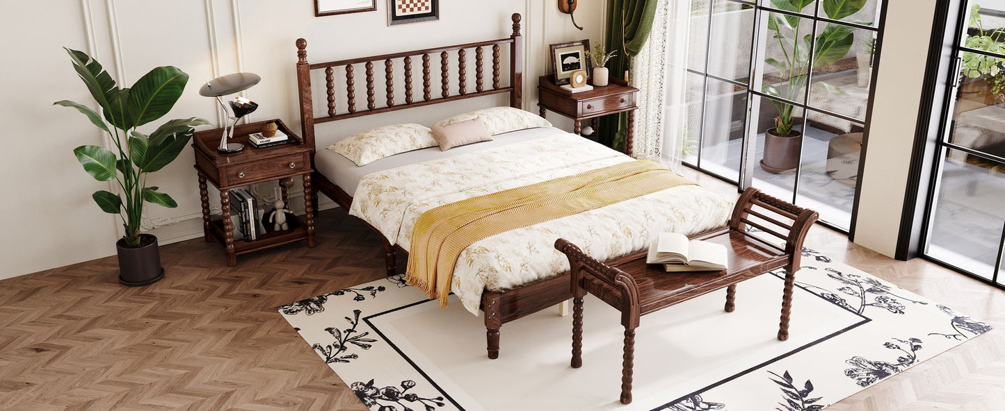 4 Pc. Queen Platform Bedroom Suite with Gourd Shaped Headboard, Storage Nightstand and Bench with Turned Legs in Walnut