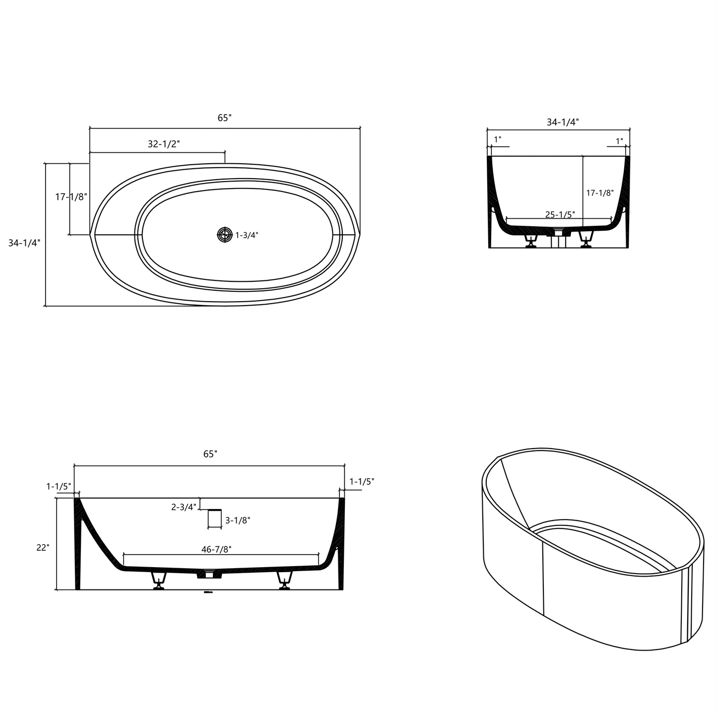 65" Freestanding Stone Resin Oval Soaking Tub with Overflow and Pop-up Drain in Matte White 24S08-65MW