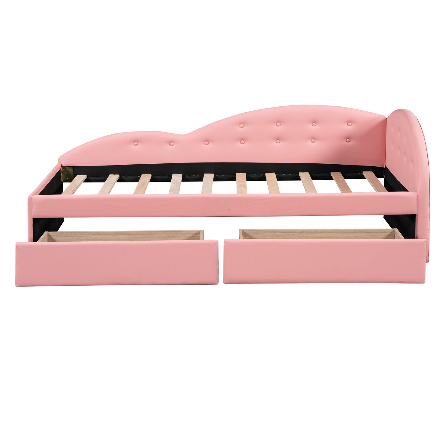 Twin Size PU Upholstered Tufted Daybed with Two Drawers and Cloud Shaped Guardrail, Pink