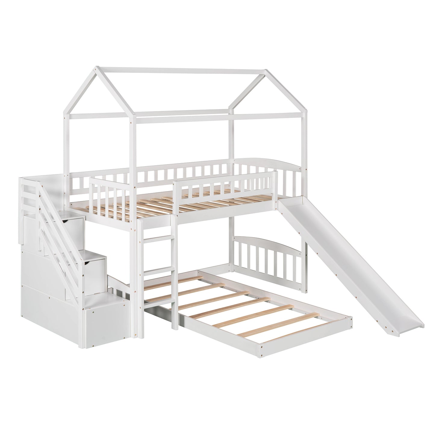 Twin Over Twin Bunk Bed with Two Drawers and Slide, House Bed with Slide