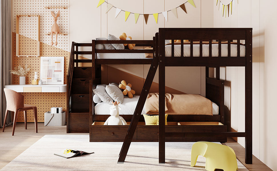 Twin over Full L-Shaped Bunk Bed With 3 Drawers, Ladder and Staircase