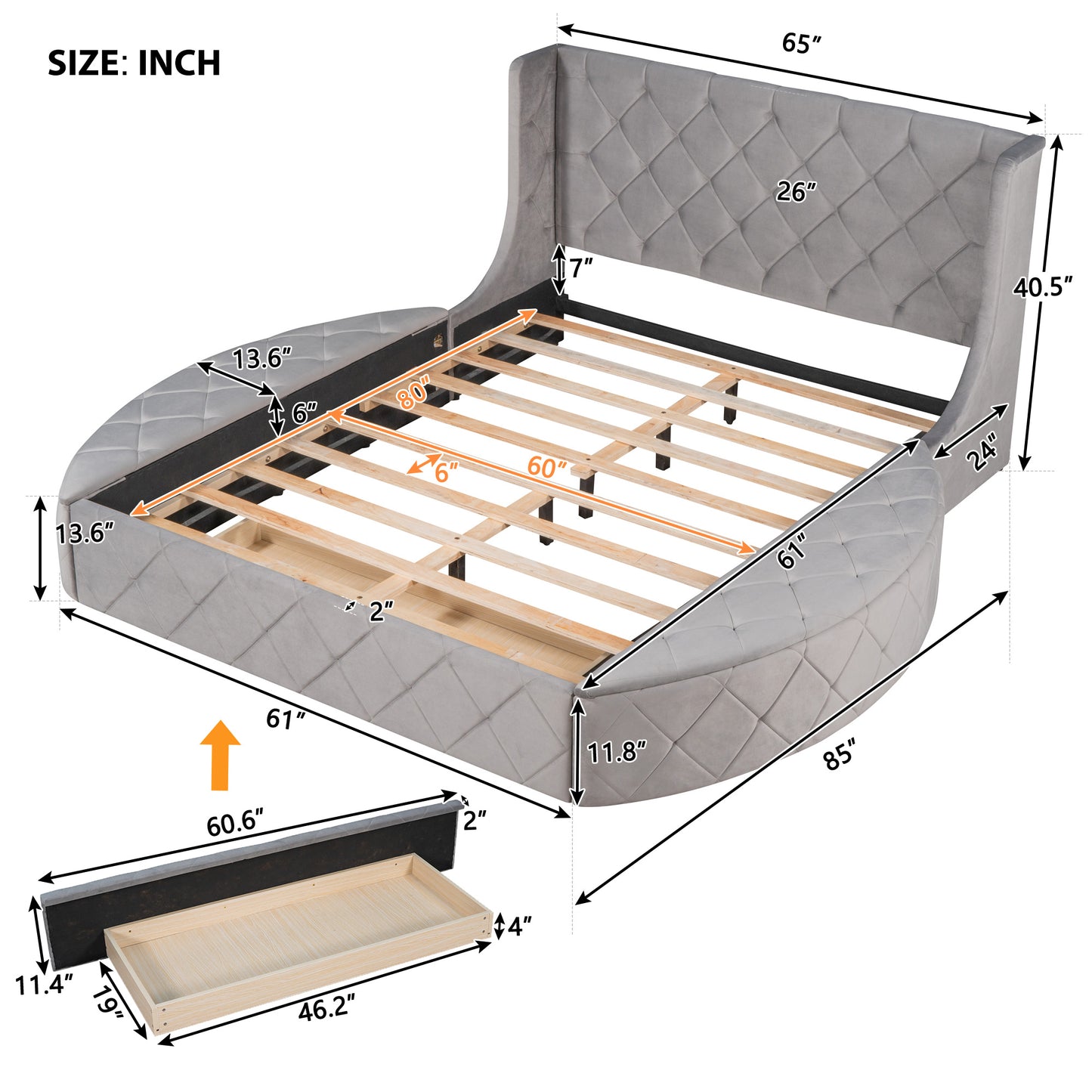 Upholstered Platform Bed Queen Size Storage Velvet Bed with Wingback Headboard and 1 Big Drawer; 2 Side Storage Stool