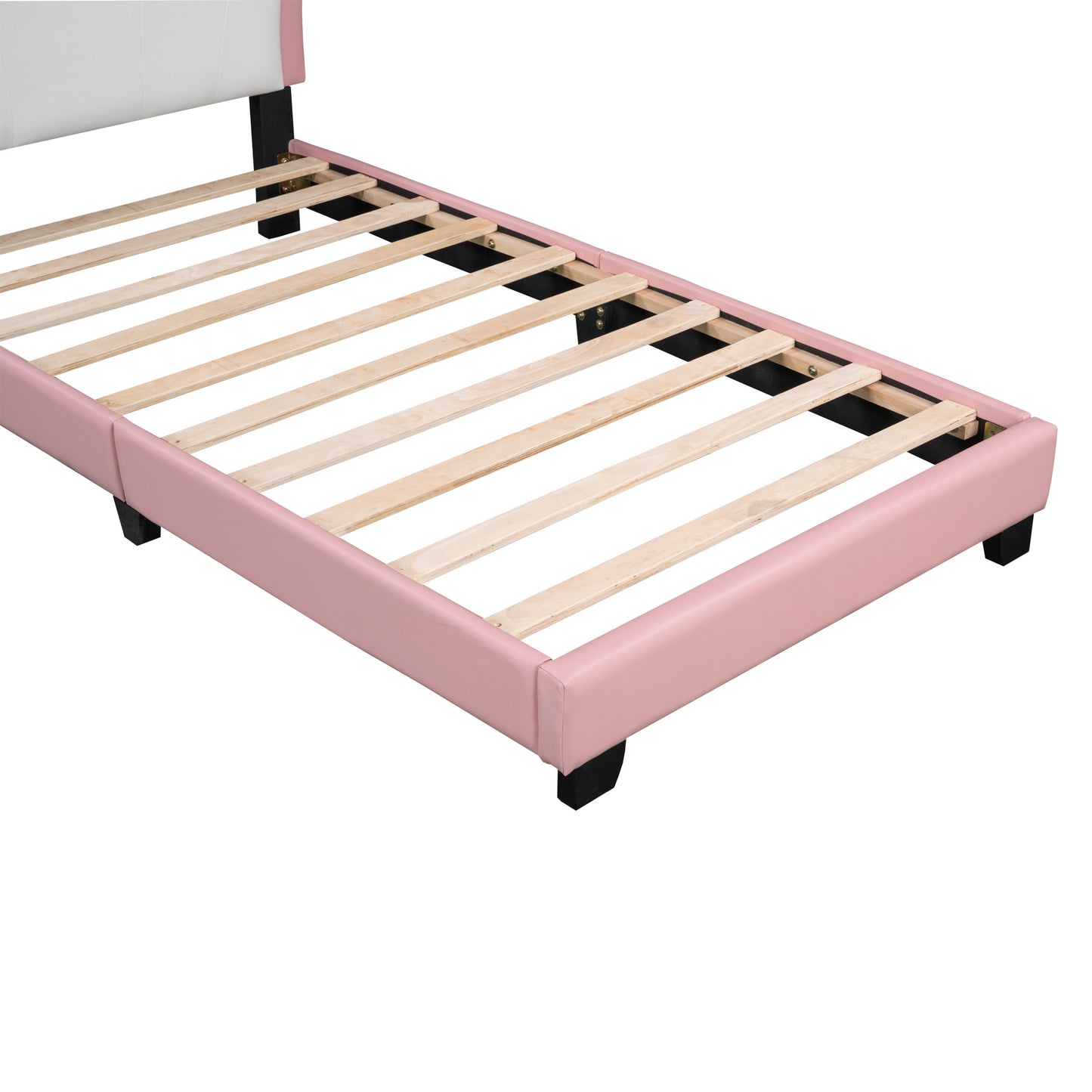 Twin size Upholstered Princess Bed With Crown Headboard,Full Size Platform Bed with Headboard and Footboard,White+Pink