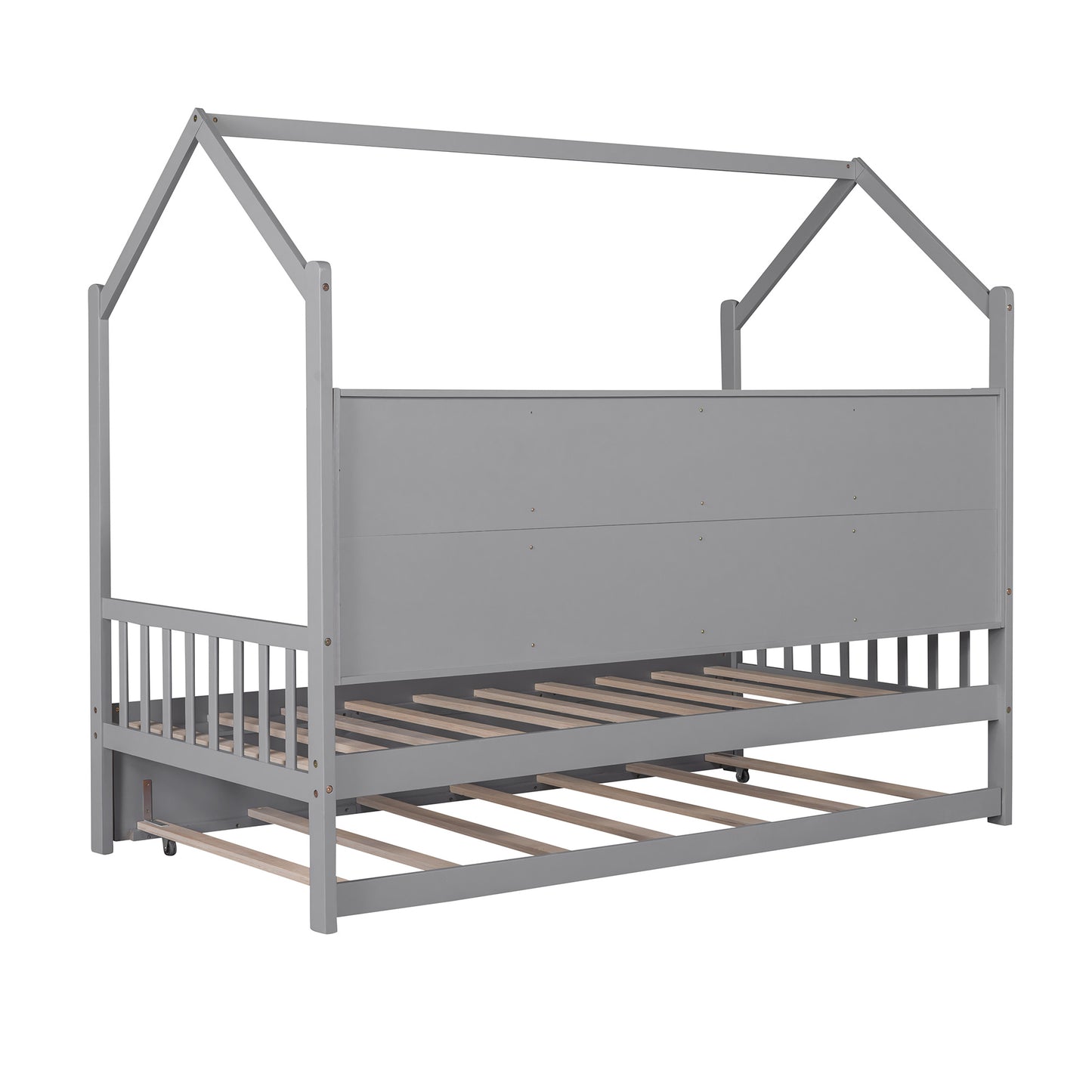 Wooden Twin Size House Bed with Trundle,Kids Bed with Shelf