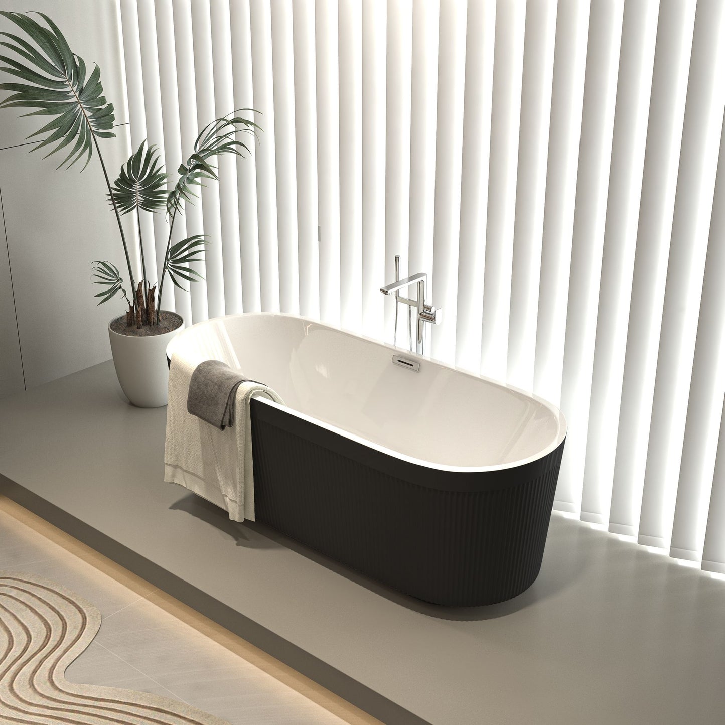 67" Pleated Acrylic Freestanding Bathtub with Matte Black Finish, Chrome Overflow & Pop-Up Drain