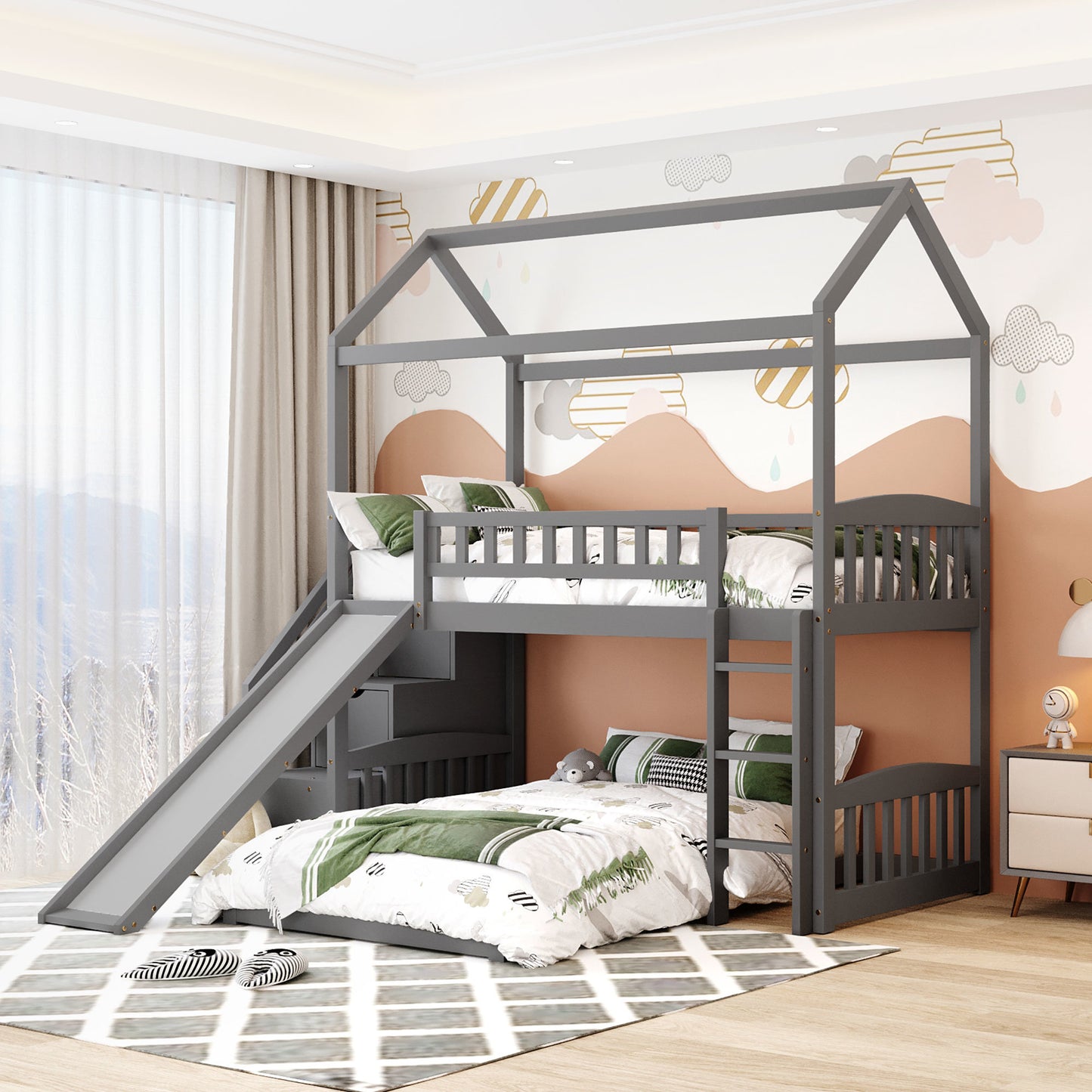 Twin Over Twin Bunk Bed with Two Drawers and Slide, House Bed with Slide