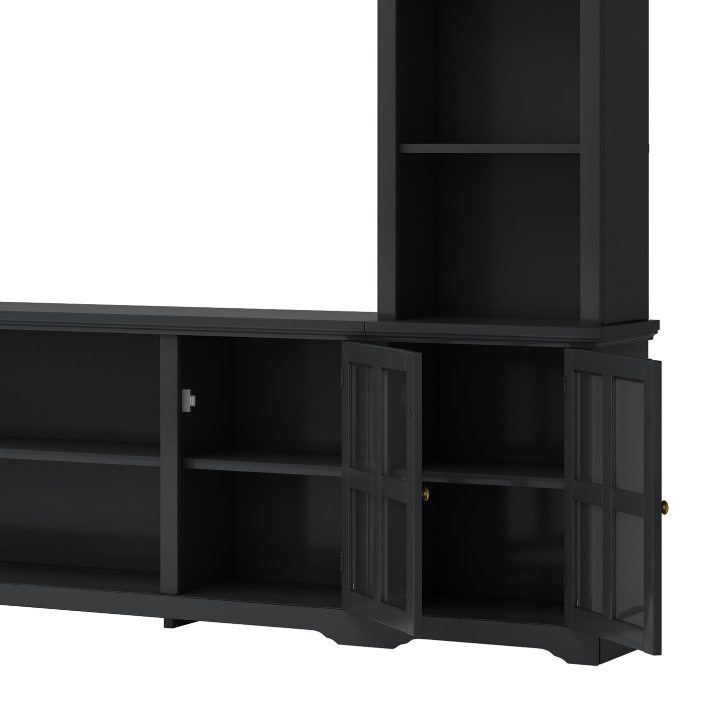 [VIDEO provided] ON-TREND Minimalism Entertainment Wall Unit with Bridge, Modern TV Console Table for TVs Up to 70", Multifunctional TV Stand with Tempered Glass Door, Black (Old SKU: SD000009AAB)